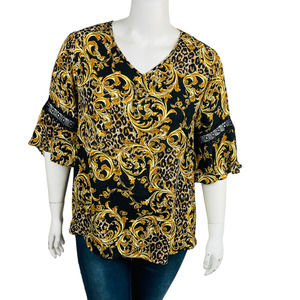 Cato Womans Sz 14/16W Blouse 3/4 Sleeve Animal Print Lace Sleeve Detail Black